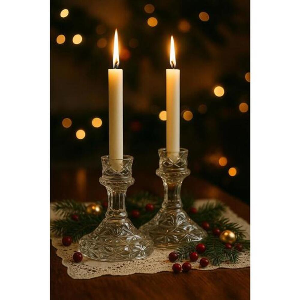 Vintage Pair Pressed Glass Candlestick Holders Starburst Pattern Clear